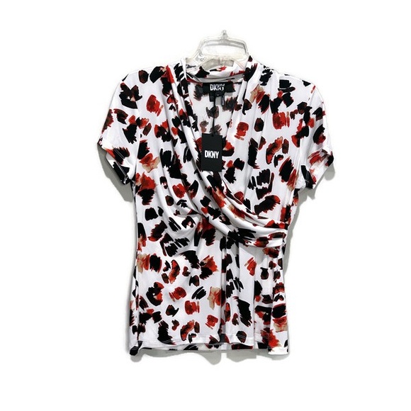 DKNY Women's White Top with Orange and Black Print - Picture 6 of 6